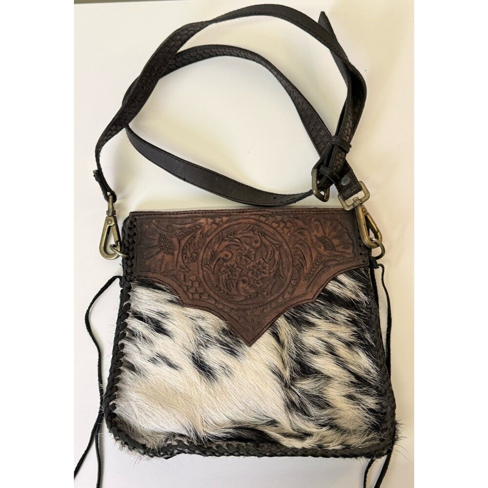 Genuine Cowhide Leather Calfhair Crossbody Bag Edgy Fringe Western Boho Handbag